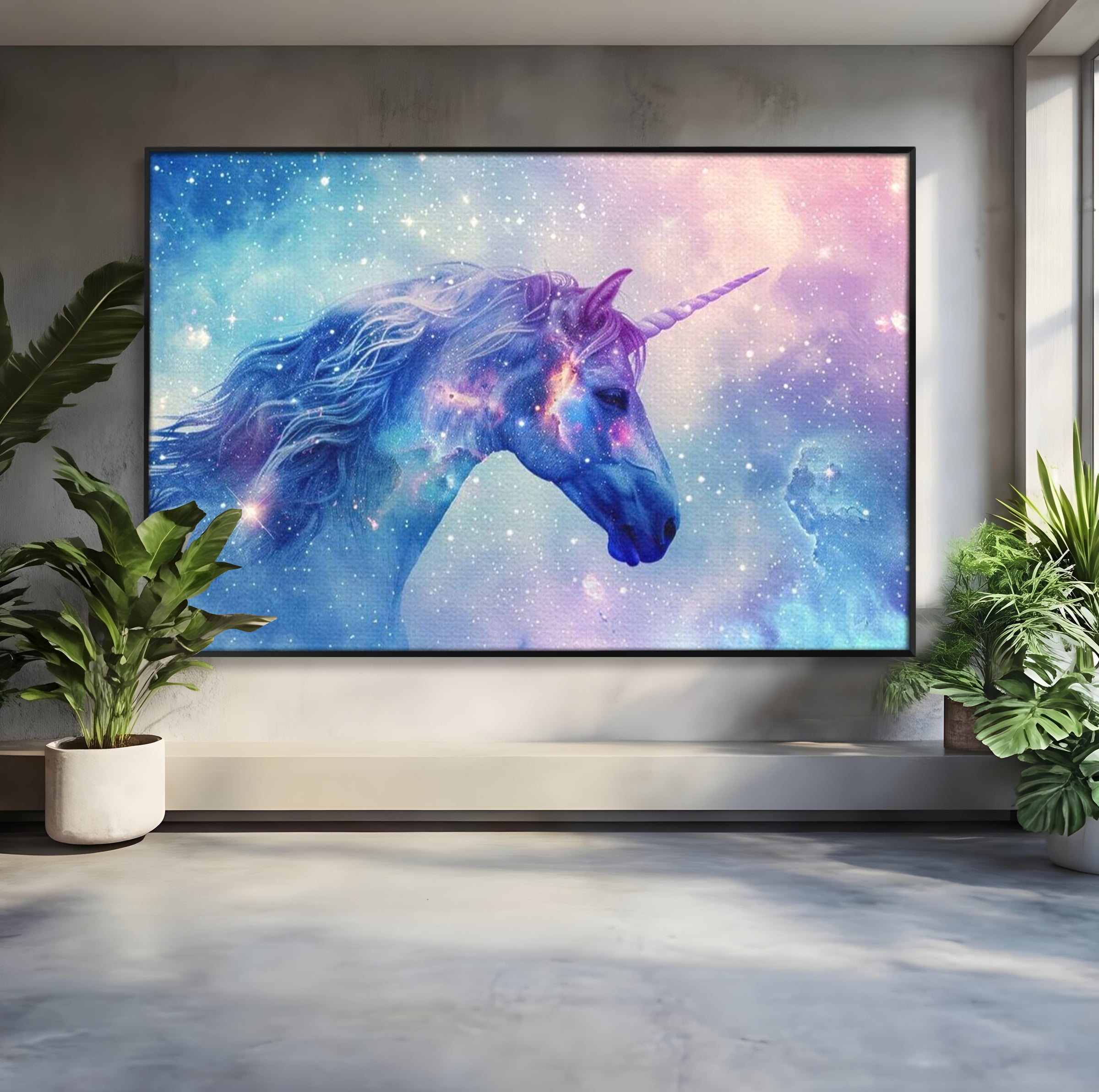 Tablou canvas cu tablou canvas cu unicorn cosmic in galaxie, in rama de aluminiu negru